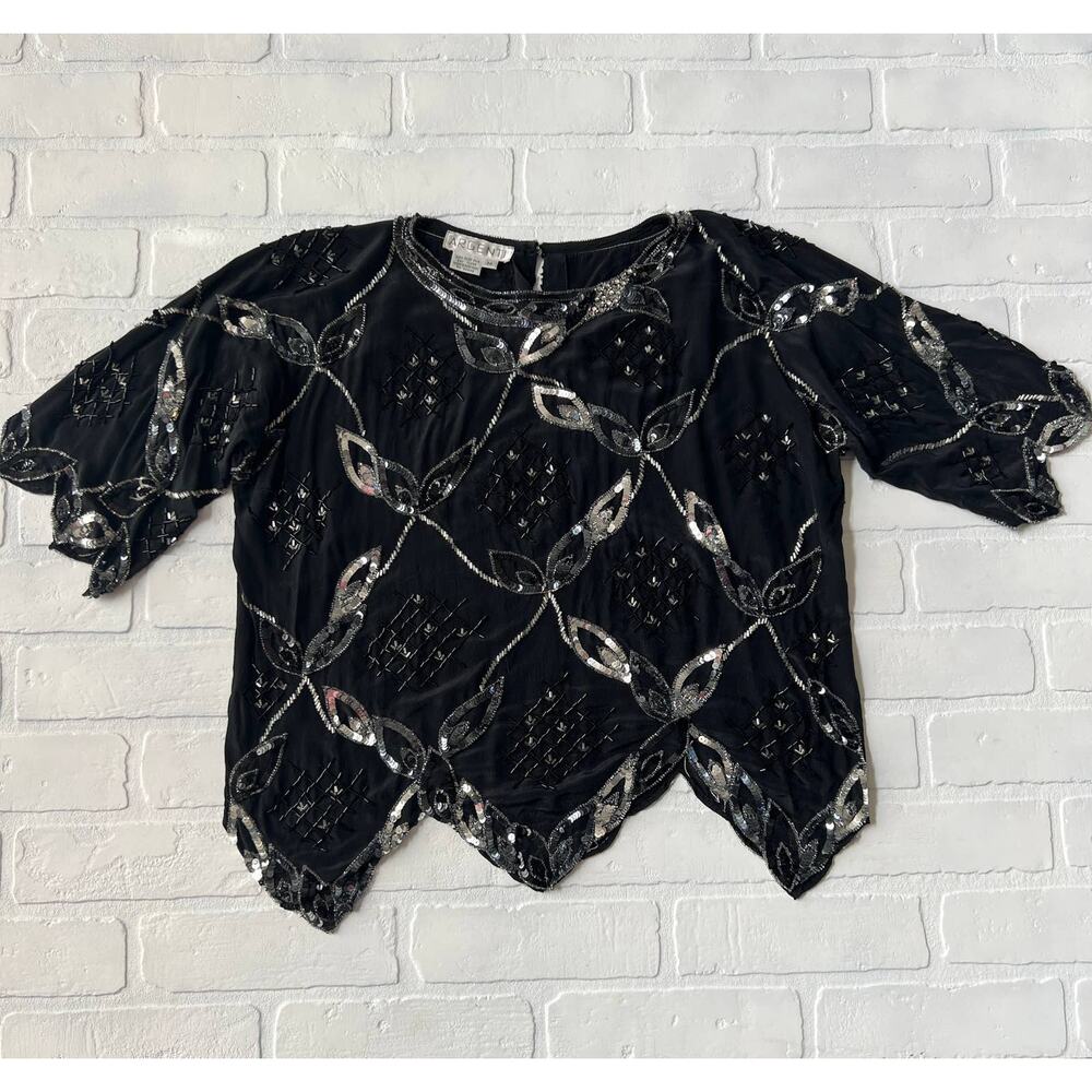 Vintage Argenti Gorgeous Black Beaded Silver Sequin Silk Top Blouse -sz M
